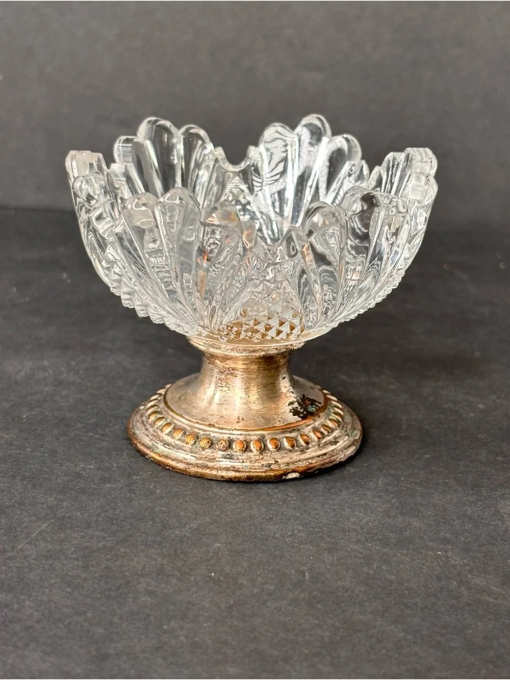 Vintage Lotus Cut Glass Open Salt Cellar -Pedestal Silver-Plated Base